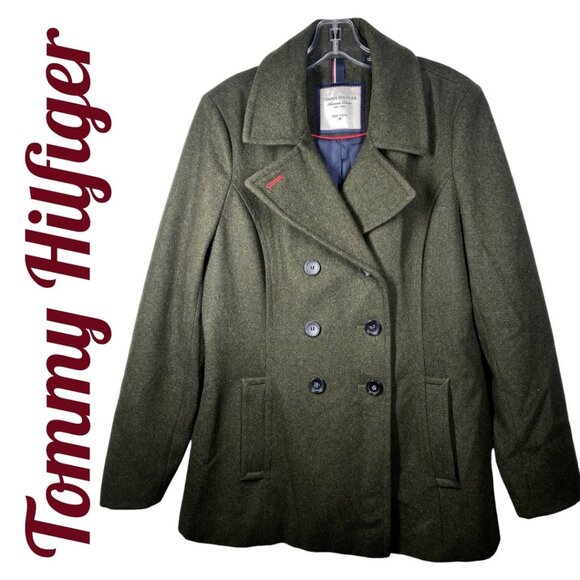 TOMMY HILFIGER WOOL PINE OLIVE GREEN CLASSIC PEACOAT COASTAL FISHERMAN, LARGE - Picture 2 of 10